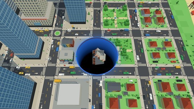 Hole Island: a hole swallowing a toy city