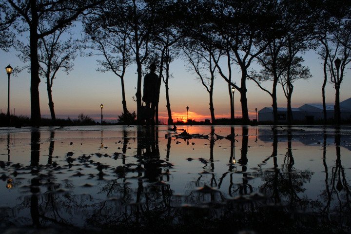 Trees and a figure silhouetted at sunset, reflected in a puddle